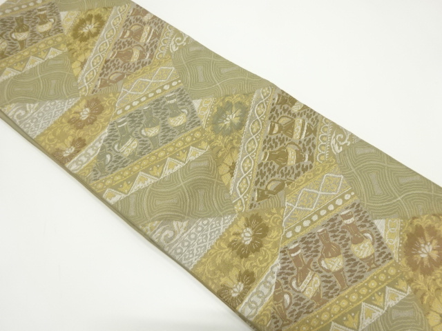 JAPANESE KIMONO / ANTIQUE FUKURO OBI / SILK / KIRIBAME STYLE / FLORAL SARASA & JAR